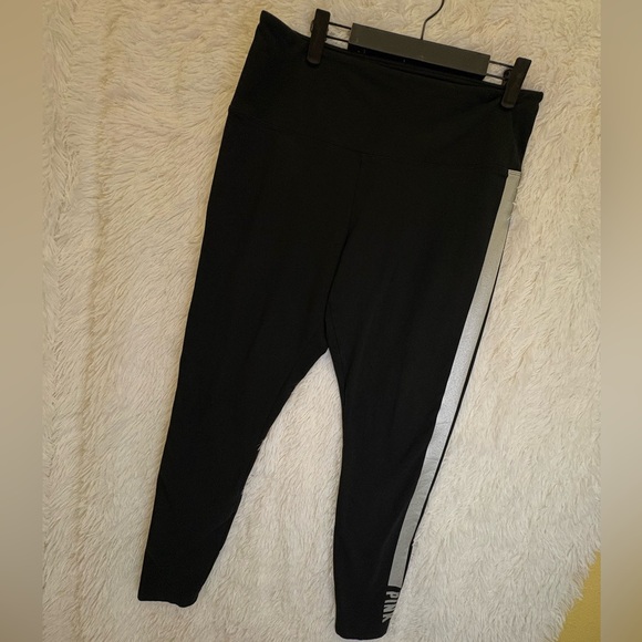 PINK by Victoria’s Secret Black Leggings / Silver  Stripe Athletic– Size XL 🤍🩶🖤 - Picture 4 of 17